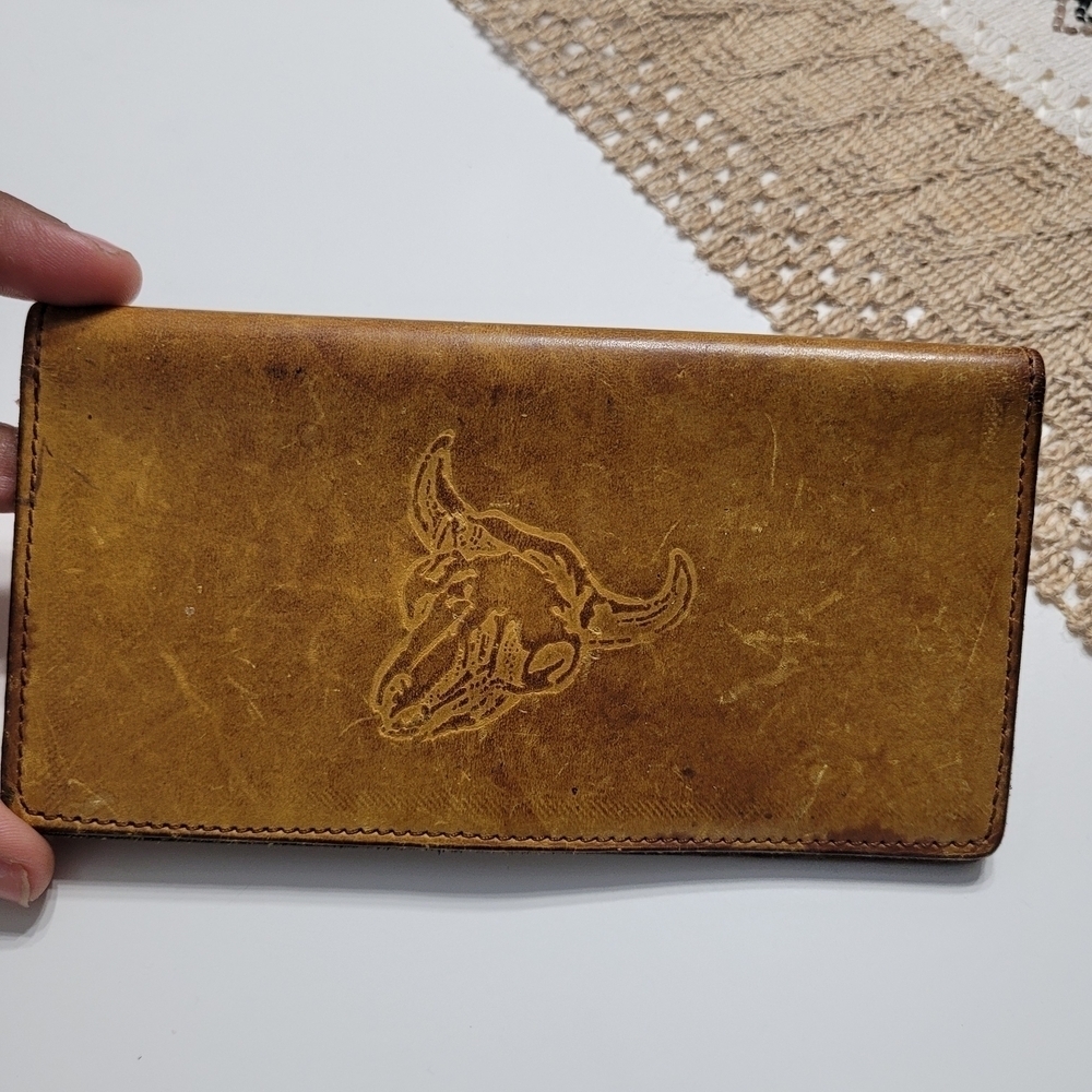 Vintage Camel Brown Leather Wallet with Bull Design Billfold
